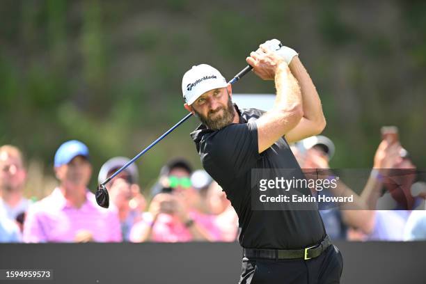 Dustin Johnson of the United States plays his shot from the seventh tee box during day two of the LIV Golf Invitational - Greenbrier at The Old White...
