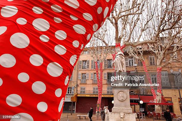Ascension of Polka dots on trees" by the Japanese artist Yayoi Kusama are seen during the contempory art exhibition for Marseille-Provence 2013...