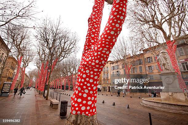 Ascension of Polka dots on trees" by the Japanese artist Yayoi Kusama are seen during the contempory art exhibition for Marseille-Provence 2013...