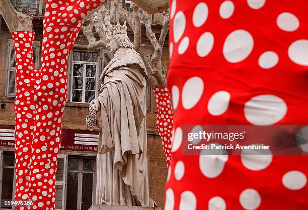 Ascension of Polka dots on trees" by the Japanese artist Yayoi Kusama are seen during the contempory art exhibition for Marseille-Provence 2013...