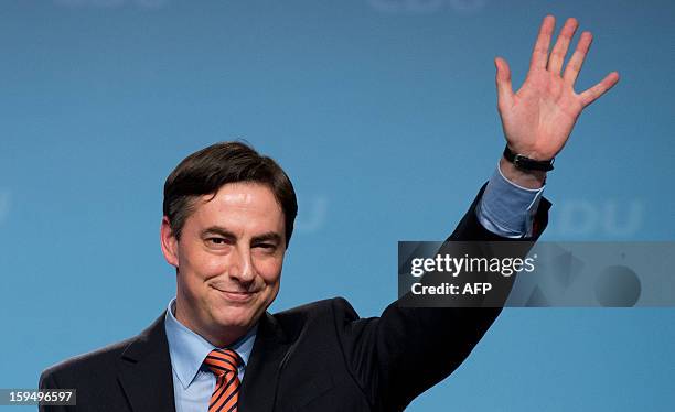 Prime Minister of the German Federal State of Lower- Saxony, David McAllister waves during an election campaign event of the regional Christian...