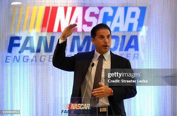 Charles Salameh, Hewlitt Packard Enterprise Services Vice President and General Manager Communications, speaks to media during the NASCAR Fan and...