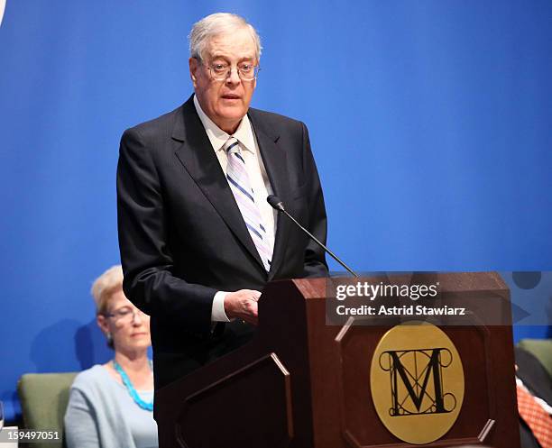 Philanthropist David H. Koch speaks during the Fifth Avenue Plaza Groundbreaking at the Metropolitan Museum of Art on January 14, 2013 in New York...