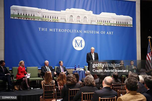 Philanthropist David H. Koch speaks during the Fifth Avenue Plaza Groundbreaking at the Metropolitan Museum of Art on January 14, 2013 in New York...