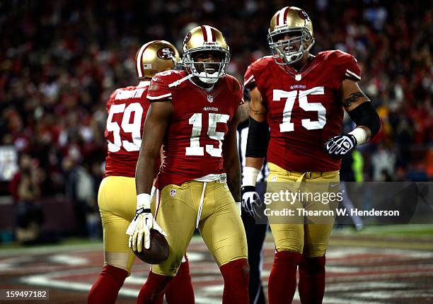 Wide receiver Michael Crabtree of the San Francisco 49ers celebrates after scoring a touchdown against the Green Bay Packers during the NFC...