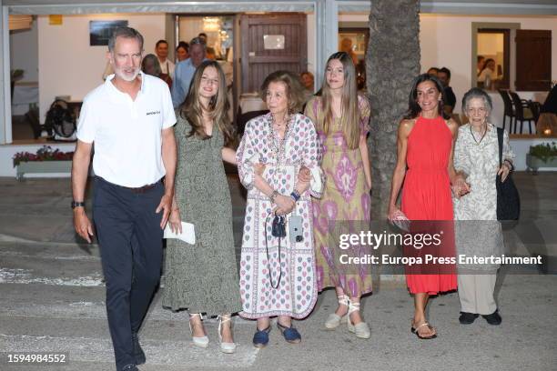 King Felipe VI, Princess Leonor, Queen Sofia, Infanta Sofia, Queen Letizia and Princess Irene leave the restaurant after family dinner on August 5,...