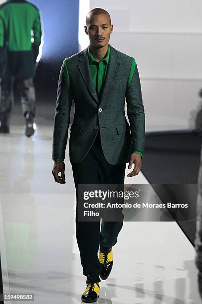 Model walks the runway during Dirk Bikkembergs show as a part of Milan Fashion Week Menswear Autumn/Winter 2013 on January 14, 2013 in Milan, Italy.