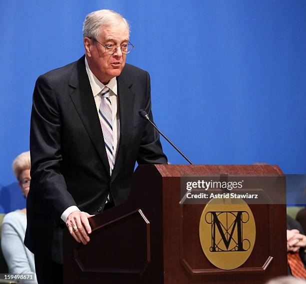 Philanthropist, David H. Koch speaks during the Fifth Avenue Plaza Groundbreaking at the Metropolitan Museum of Art on January 14, 2013 in New York...