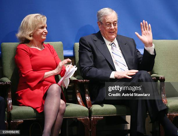 Congresswoman Carolyn B. Maloney and Philanthropist, David H. Koch attend the Fifth Avenue Plaza Groundbreaking at the Metropolitan Museum of Art on...