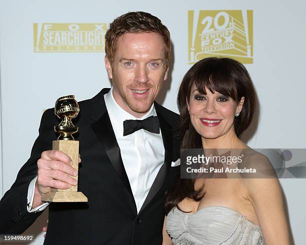 Actor Damian Lewis and his wife Helen McCrory attend the FOX after party for the 70th Golden Globes award show at The Beverly Hilton Hotel on January...