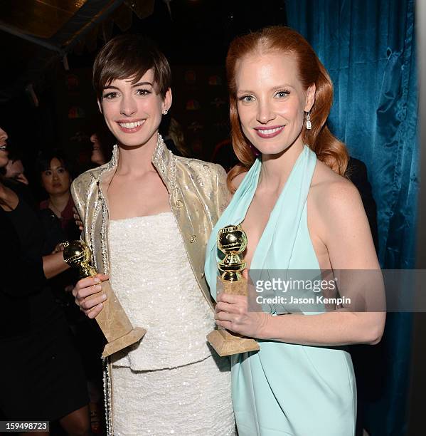 Golden Globe Award winners Anne Hathaway and Jessica Chastain attend the NBCUniversal Golden Globes viewing and after partyheld at The Beverly Hilton...