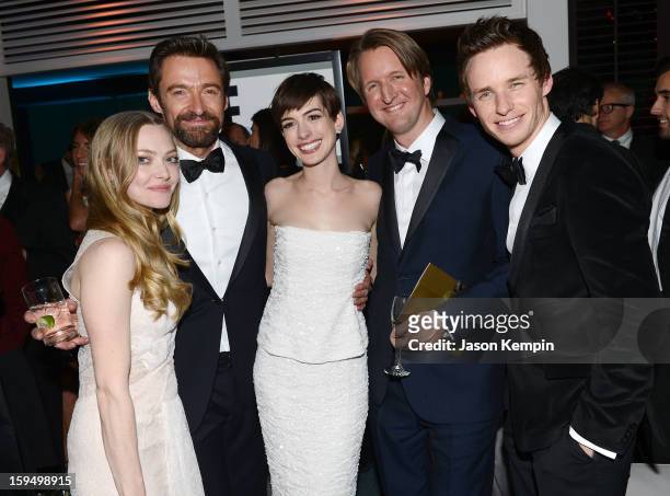Actors Amanda Seyfried, Hugh Jackman, Anne Hathaway, director Tom Hooper and actor Eddie Redmayne attend the NBCUniversal Golden Globes viewing and...