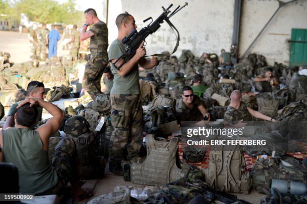 French soldiers from the 2nd RIMA , arriving from France, stand at the 101 military airbase near Bamako on January 14 before their deployment in...