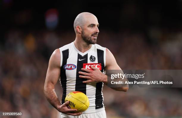 Steele Sidebottom of The Magpies during the round 21 AFL match between Hawthorn Hawks and Collingwood Magpies at Melbourne Cricket Ground, on August...