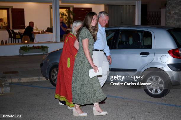 Crown Princess Leonor of Spain Tatiana Radziwill and Jean Henri Fruchaud leave the Mia restaurant on August 5, 2023 in Palma de Mallorca, Spain.