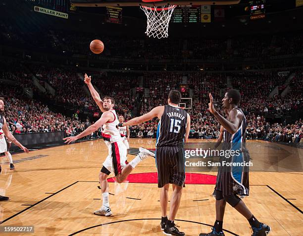 Joel Freeland of the Portland Trail Blazers shoots the ball against the Orlando Magic on January 7, 2013 at the Rose Garden Arena in Portland,...