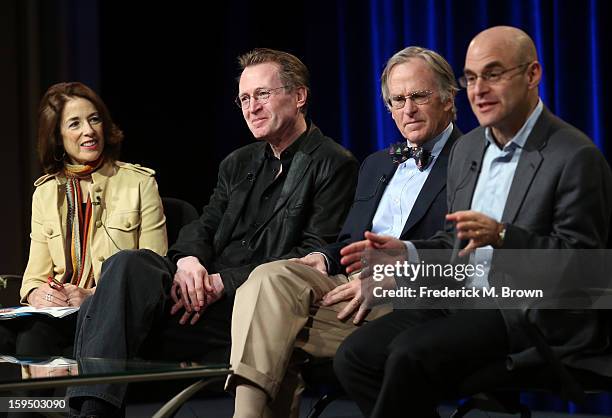 Executive Producer Catherine Allan, Director Stephen Ives, Dr. Richard Beeman and host Peter Sagal of "Constitution USA" speak onstage during the PBS...