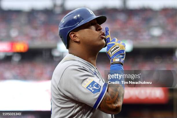 Salvador Perez of the Kansas City Royals reacts during the fifth inning against the Philadelphia Phillies at Citizens Bank Park on August 05, 2023 in...