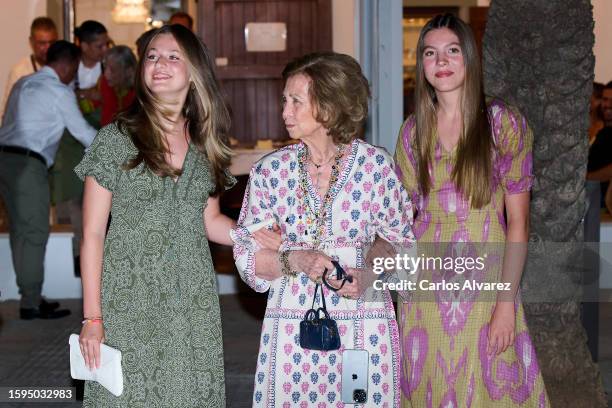 Crown Princess Leonor of Spain, Queen Sofia and Princess Sofia of Spain leave the Mia restaurant on August 5, 2023 in Palma de Mallorca, Spain.