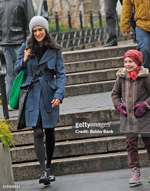 Jennifer Connelly and Ripley Sobo filming on location for "Winters Tale" on January 14, 2013 in New York City.