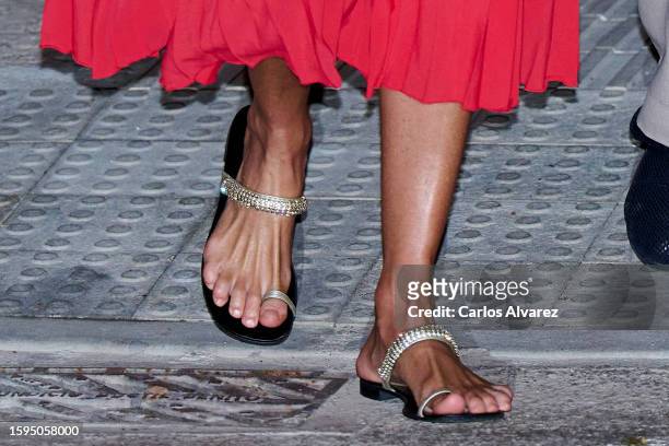 Queen Letizia of Spain, shoes detail, leaves the Mia restaurant on August 5, 2023 in Palma de Mallorca, Spain.
