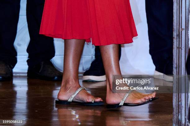 Queen Letizia of Spain, shoes detail, leaves the Mia restaurant on August 5, 2023 in Palma de Mallorca, Spain.