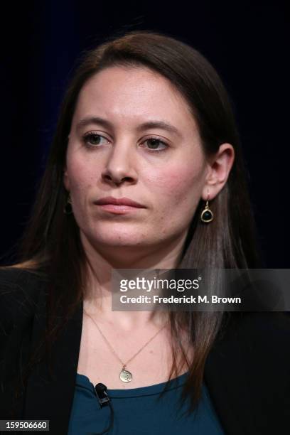 Filmmaker Sarah Burns of 'The Central Park Five' speaks onstage during the PBS portion of the 2013 Winter Television Critics Association Press Tour...