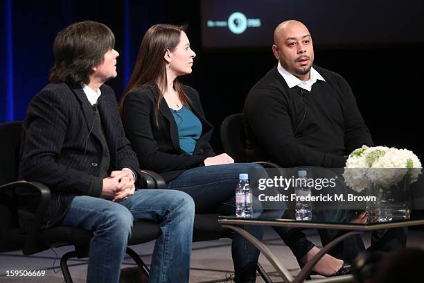 Filmmakers Ken Burns and daughter Sarah Burns and Raymond Santana, featured subject, of 'The Central Park Five' speak onstage during the PBS portion...