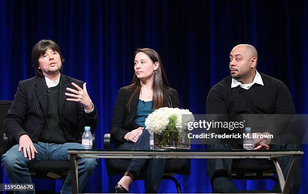 Filmmakers Ken Burns and daughter Sarah Burns and Raymond Santana, featured subject, of 'The Central Park Five' speak onstage during the PBS portion...