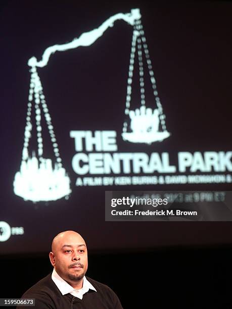 Raymond Santana, featured subject of 'The Central Park Five', speaks onstage during the PBS portion of the 2013 Winter Television Critics Association...