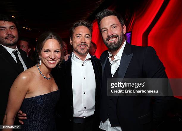 Susan Downey, Robert Downey Jr. And Ben Affleck at the Warner Bros./InStyle Golden Globes Party at The Beverly Hilton Hotel on January 13, 2013 in...