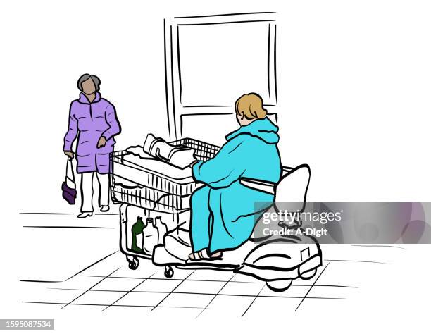 front basket wheelchair sketch color light blue - senior mobility stock illustrations