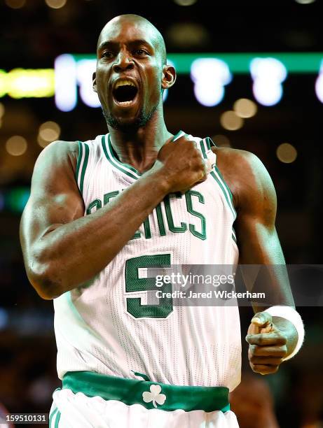 Kevin Garnett of the Boston Celtics yells at the start of the game against the Charlotte Bobcats during the game on January 14, 2013 at TD Garden in...