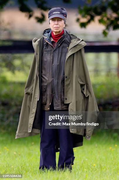 Princess Anne, Princess Royal watches Zara Tindall compete, on her horse 'Class Affair', in the dressage phase of the 2023 Festival of British...