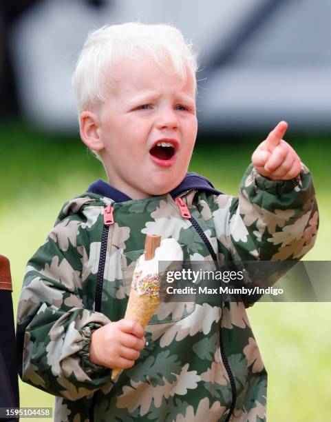 Lucas Tindall seen eating an ice cream as he attends day 2 of the 2023 Festival of British Eventing at Gatcombe Park on August 5, 2023 in Stroud,...