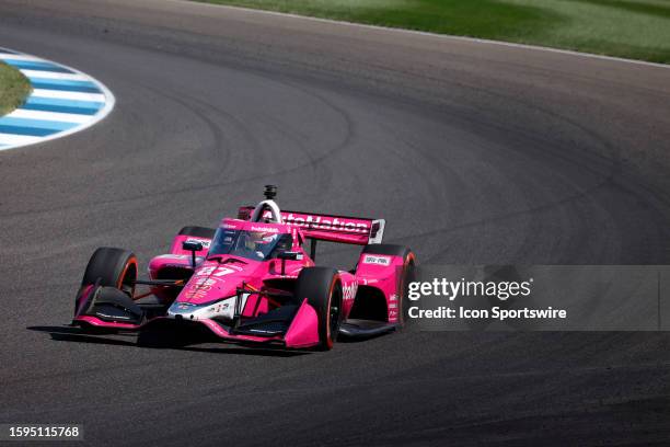 IndyCar driver Kyle Kirkwood drives through turn 14 during the Gallagher Grand Prix on August 12 at the Indianapolis Motor Speedway Road Course in...