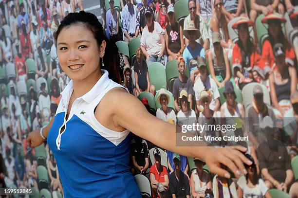 Chan Yung-jan of Chinese Taipei poses at Grand Slam Oval - Dove activation during day two of the 2013 Australian Open at Melbourne Park on January...