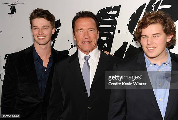 Patrick Schwarzenegger, actor Arnold Schwarzenegger, and Christopher Schwarzenegger arrive at the premiere of Lionsgate Films' "The Last Stand" at...