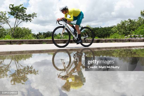 Will Heath of Team Australia competes in the Men's Individual Time Trial Road Cycling on day one of the 2023 Youth Commonwealth Games at Brian Lara...