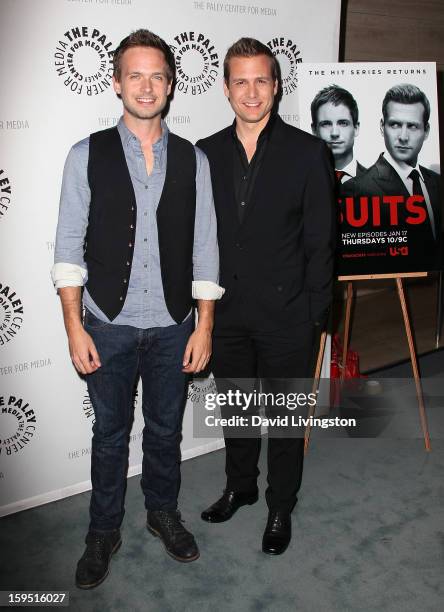 Actors Patrick J. Adams and Gabriel Macht attend The Paley Center for Media's presentation of An Evening With "Suits" at The Paley Center for Media...