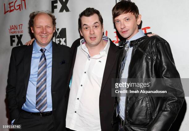 Actors Dan Bakkedahl, Jim Jefferies, and DJ Qualls attend the screening of FX's new comedy series 'Legit' on January 14, 2013 in Los Angeles,...