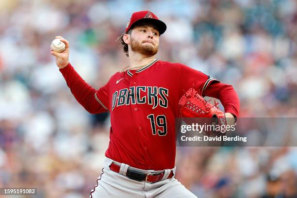 Ryne Nelson of the Arizona Diamondbacks delivers a pitch against the Minnesota Twins in the first inning at Target Field on August 05, 2023 in...