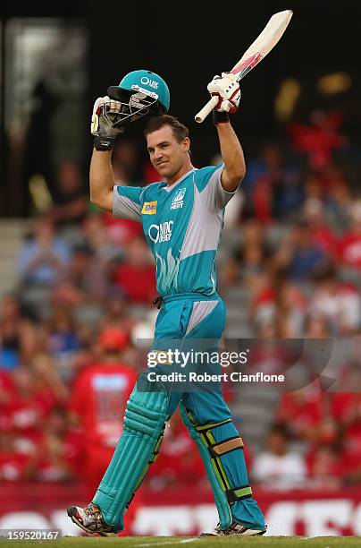 Luke Pomersbach of the Heat celebrates after scoring his century during the Big Bash League Semi-Final match between the Melbourne Renegades and the...