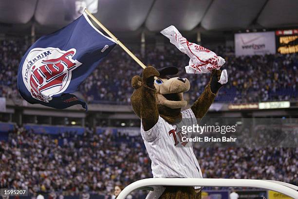 Minnesota Twins mascot rallies the crowd during Game One of the American League Championship Series against the Anaheim Angels on October 8, 2002 at...
