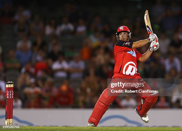 Aaron Finch of the Renegades bats during the Big Bash League Semi-Final match between the Melbourne Renegades and the Brisbane Heat at Etihad Stadium...