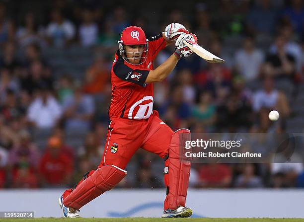 Aaron Finch of the Renegades bats during the Big Bash League Semi-Final match between the Melbourne Renegades and the Brisbane Heat at Etihad Stadium...