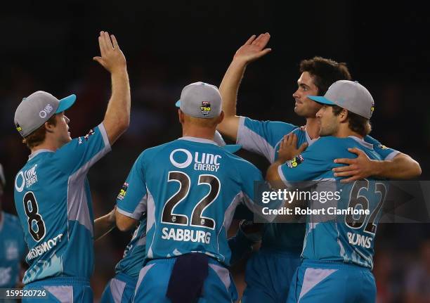 Ben Cutting of the Heat celebrates the wicket of Alex Hales of the Renegades during the Big Bash League Semi-Final match between the Melbourne...