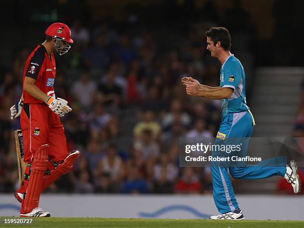 Ben Cutting of the Heat celebrates the wicket of Alex Hales of the Renegades during the Big Bash League Semi-Final match between the Melbourne...