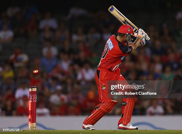 Alex Hales of the Renegades is bowled by Ben Cutting of the Heat during the Big Bash League Semi-Final match between the Melbourne Renegades and the...