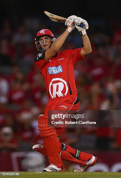 Alex Hales of the Renegades bats during the Big Bash League Semi-Final match between the Melbourne Renegades and the Brisbane Heat at Etihad Stadium...